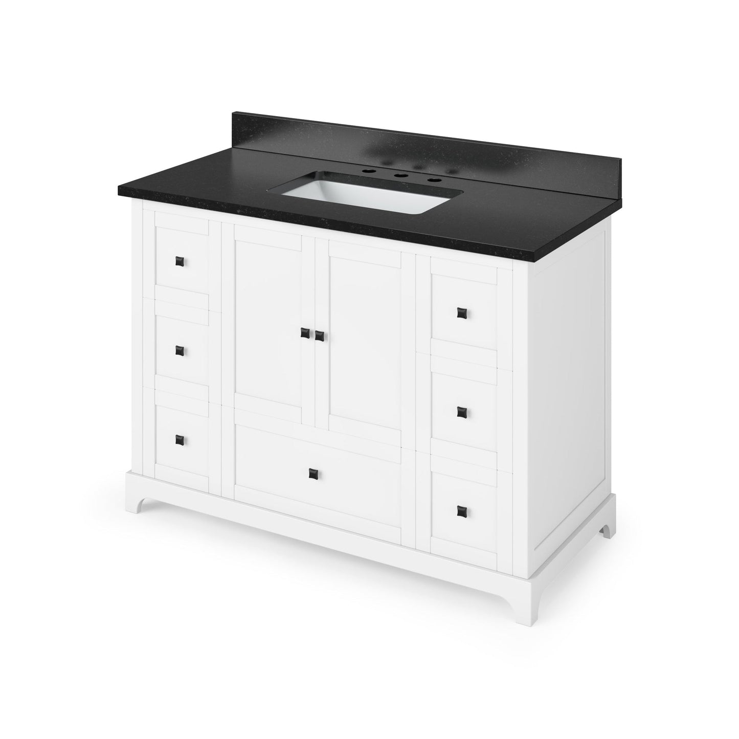 Hardware Resources Jeffrey Alexander Silver Label Addington 48" 2-Door 7-Drawer White Freestanding Vanity With Black Granite Vanity Top, Backsplash and Rectangle Undermount Sink