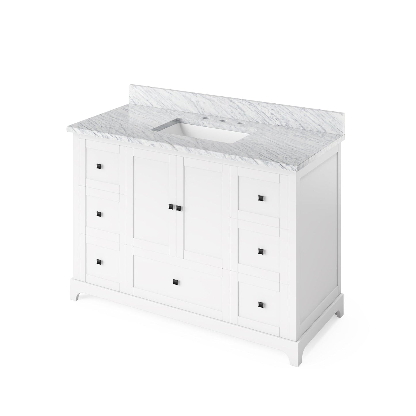 Hardware Resources Jeffrey Alexander Silver Label Addington 48" 2-Door 7-Drawer White Freestanding Vanity With White Carrara Marble Vanity Top, Backsplash and Rectangle Undermount Sink