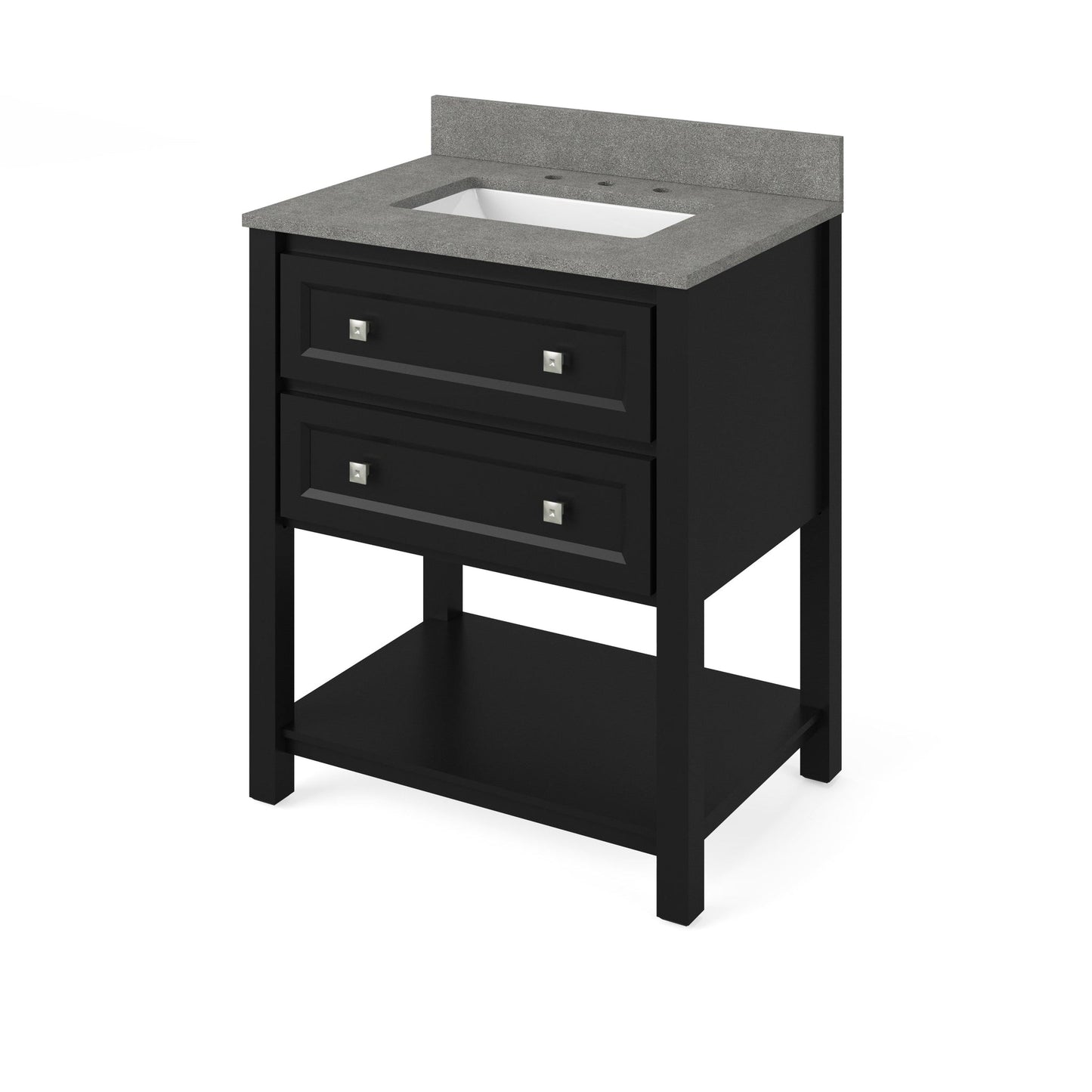 Hardware Resources Jeffrey Alexander Silver Label Adler 30" Black Freestanding Vanity With Steel Gray Cultured Marble Vanity Top, Backsplash and Rectangle Undermount Sink