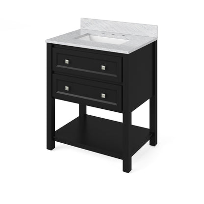 Hardware Resources Jeffrey Alexander Silver Label Adler 30" Black Freestanding Vanity With White Carrara Marble Vanity Top, Backsplash and Rectangle Undermount Sink