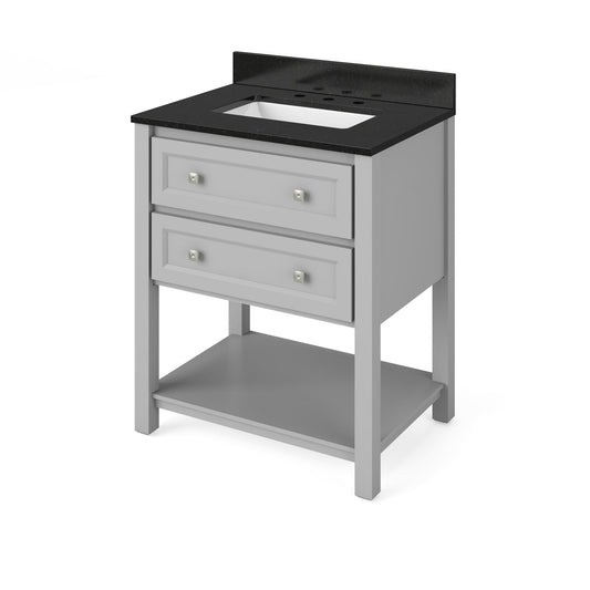 Hardware Resources Jeffrey Alexander Silver Label Adler 30" Gray Freestanding Vanity With Black Granite Vanity Top, Backsplash and Rectangle Undermount Sink