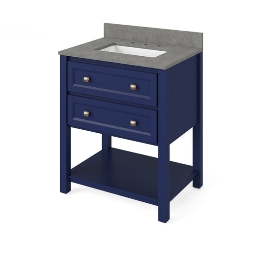 Hardware Resources Jeffrey Alexander Silver Label Adler 30" Hale Blue Freestanding Vanity With Steel Gray Cultured Marble Vanity Top, Backsplash and Rectangle Undermount Sink