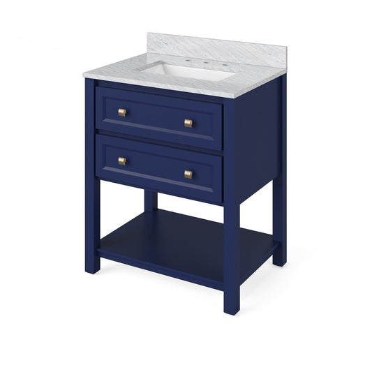 Hardware Resources Jeffrey Alexander Silver Label Adler 30" Hale Blue Freestanding Vanity With White Carrara Marble Vanity Top, Backsplash and Rectangle Undermount Sink