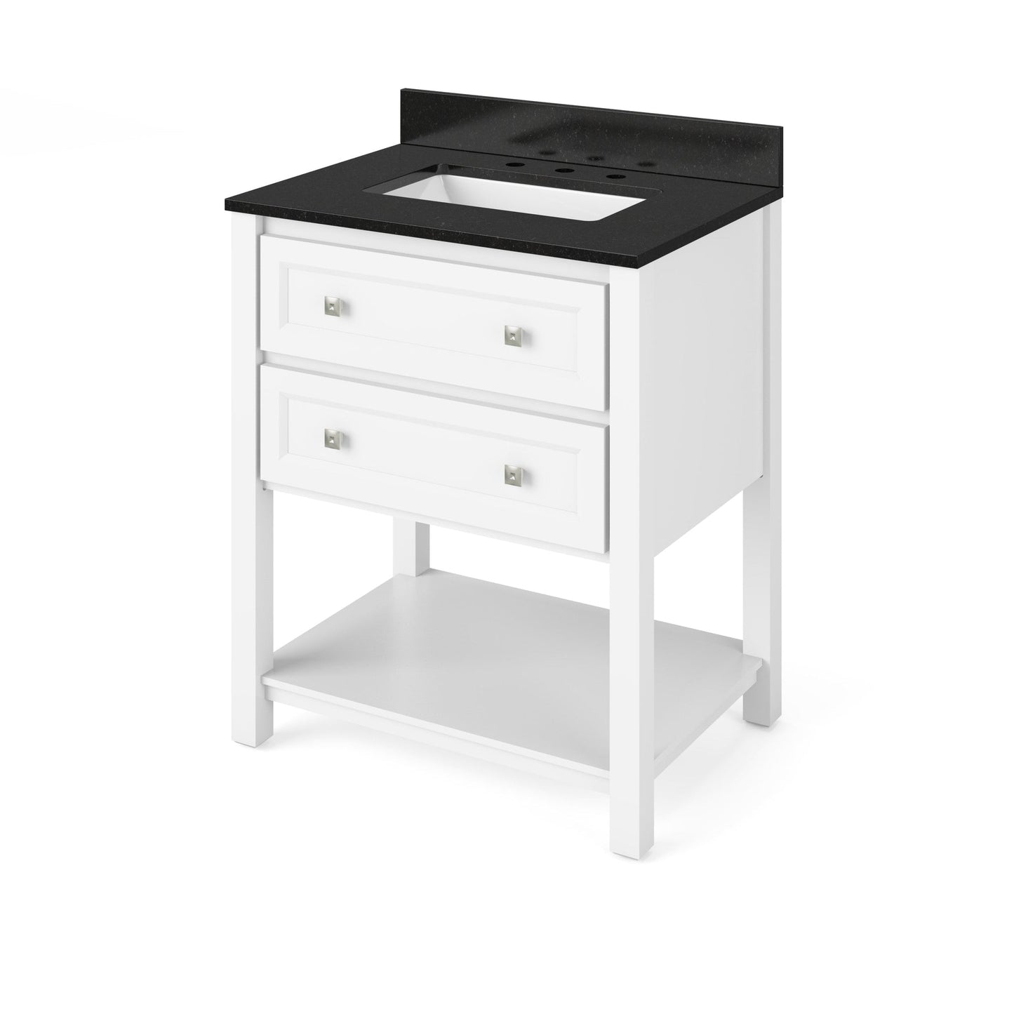 Hardware Resources Jeffrey Alexander Silver Label Adler 30" White Freestanding Vanity With Black Granite Vanity Top, Backsplash and Rectangle Undermount Sink