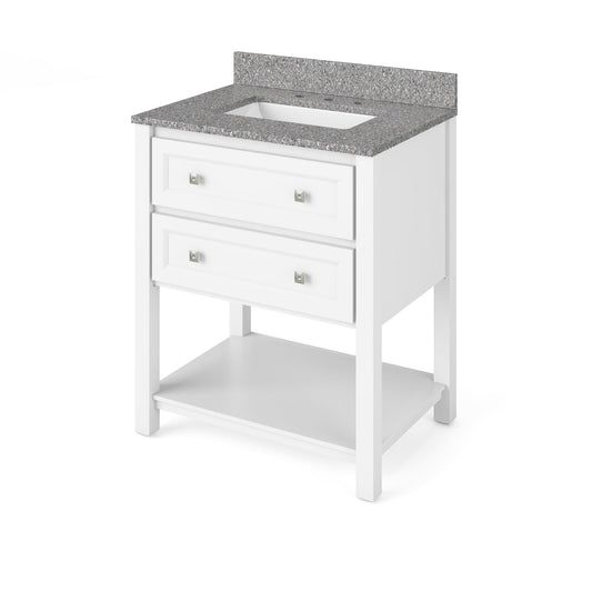 Hardware Resources Jeffrey Alexander Silver Label Adler 30" White Freestanding Vanity With Boulder Cultured Marble Vanity Top, Backsplash and Rectangle Undermount Sink