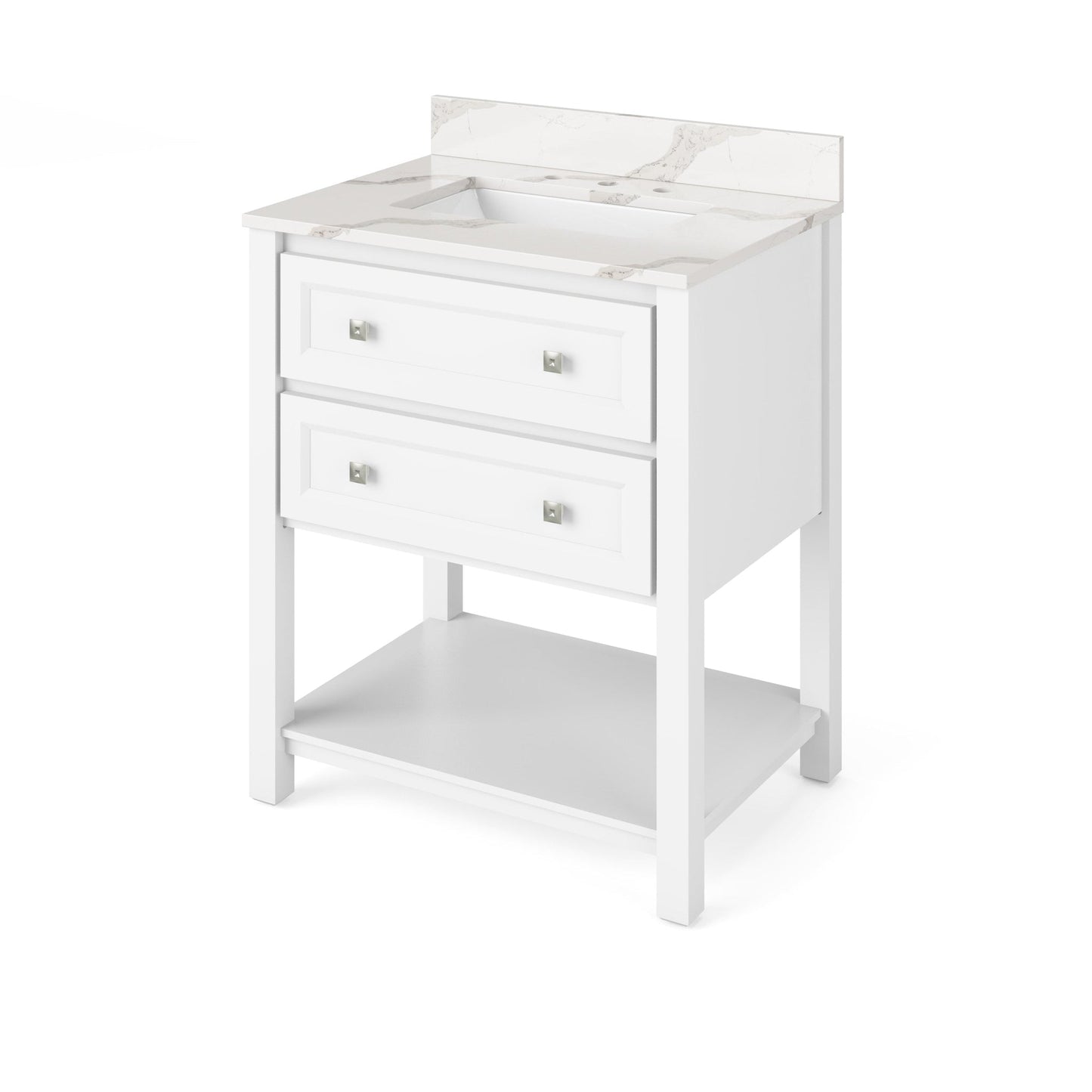 Hardware Resources Jeffrey Alexander Silver Label Adler 30" White Freestanding Vanity With Calacatta Vienna Quartz Vanity Top, Backsplash and Rectangle Undermount Sink