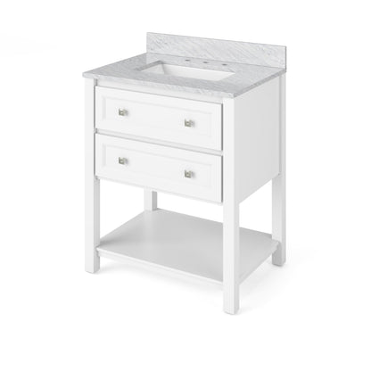 Hardware Resources Jeffrey Alexander Silver Label Adler 30" White Freestanding Vanity With White Carrara Marble Vanity Top, Backsplash and Rectangle Undermount Sink