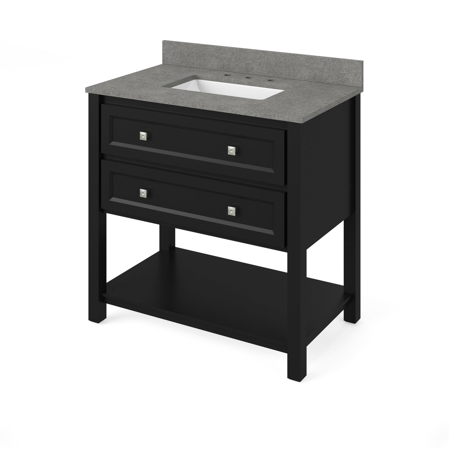 Hardware Resources Jeffrey Alexander Silver Label Adler 36" Black Freestanding Vanity With Steel Gray Cultured Marble Vanity Top, Backsplash and Rectangle Undermount Sink