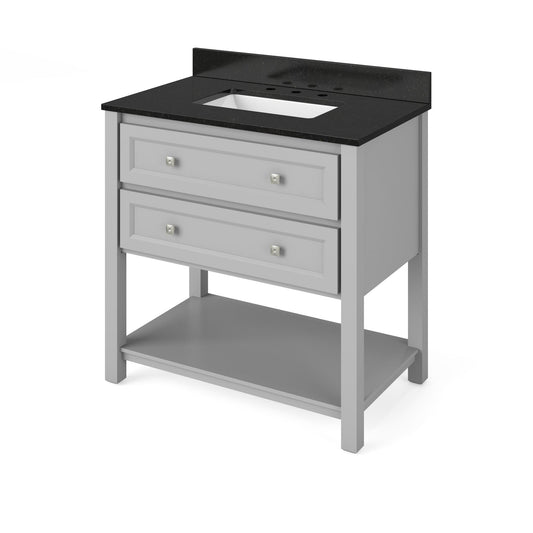 Hardware Resources Jeffrey Alexander Silver Label Adler 36" Gray Freestanding Vanity With Black Granite Vanity Top, Backsplash and Rectangle Undermount Sink