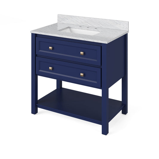 Hardware Resources Jeffrey Alexander Silver Label Adler 36" Hale Blue Freestanding Vanity With White Carrara Marble Vanity Top, Backsplash and Rectangle Undermount Sink