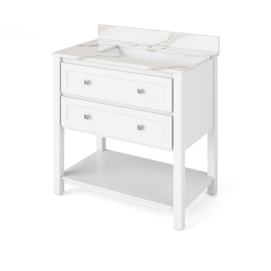 Hardware Resources Jeffrey Alexander Silver Label Adler 36" White Freestanding Vanity With Calacatta Vienna Quartz Vanity Top, Backsplash and Rectangle Undermount Sink