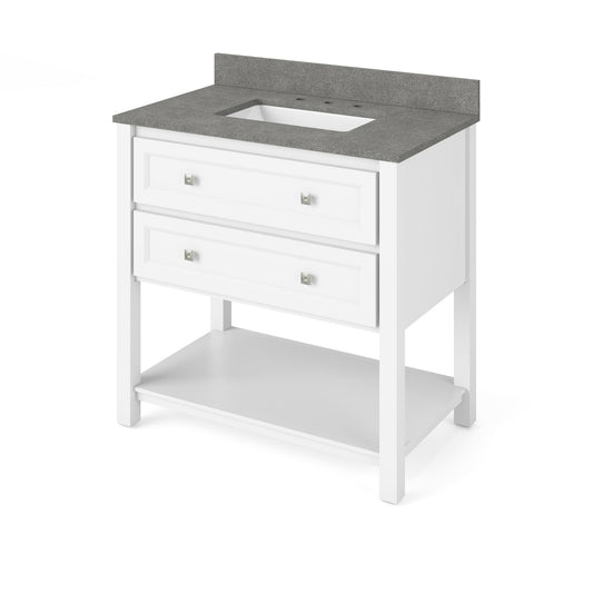 Hardware Resources Jeffrey Alexander Silver Label Adler 36" White Freestanding Vanity With Steel Gray Cultured Marble Vanity Top, Backsplash and Rectangle Undermount Sink