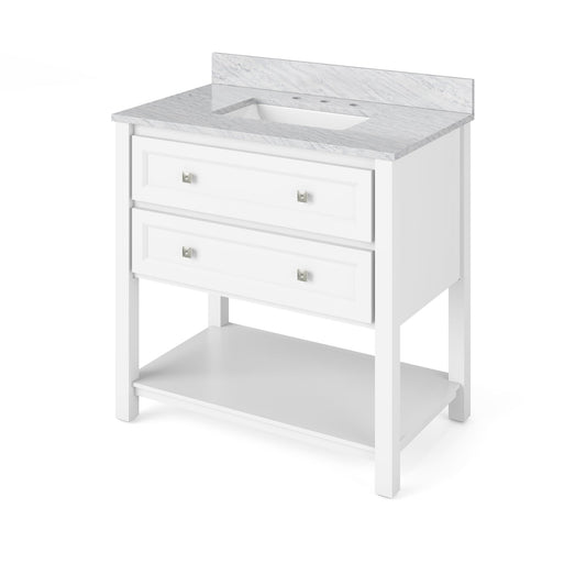 Hardware Resources Jeffrey Alexander Silver Label Adler 36" White Freestanding Vanity With White Carrara Marble Vanity Top, Backsplash and Rectangle Undermount Sink