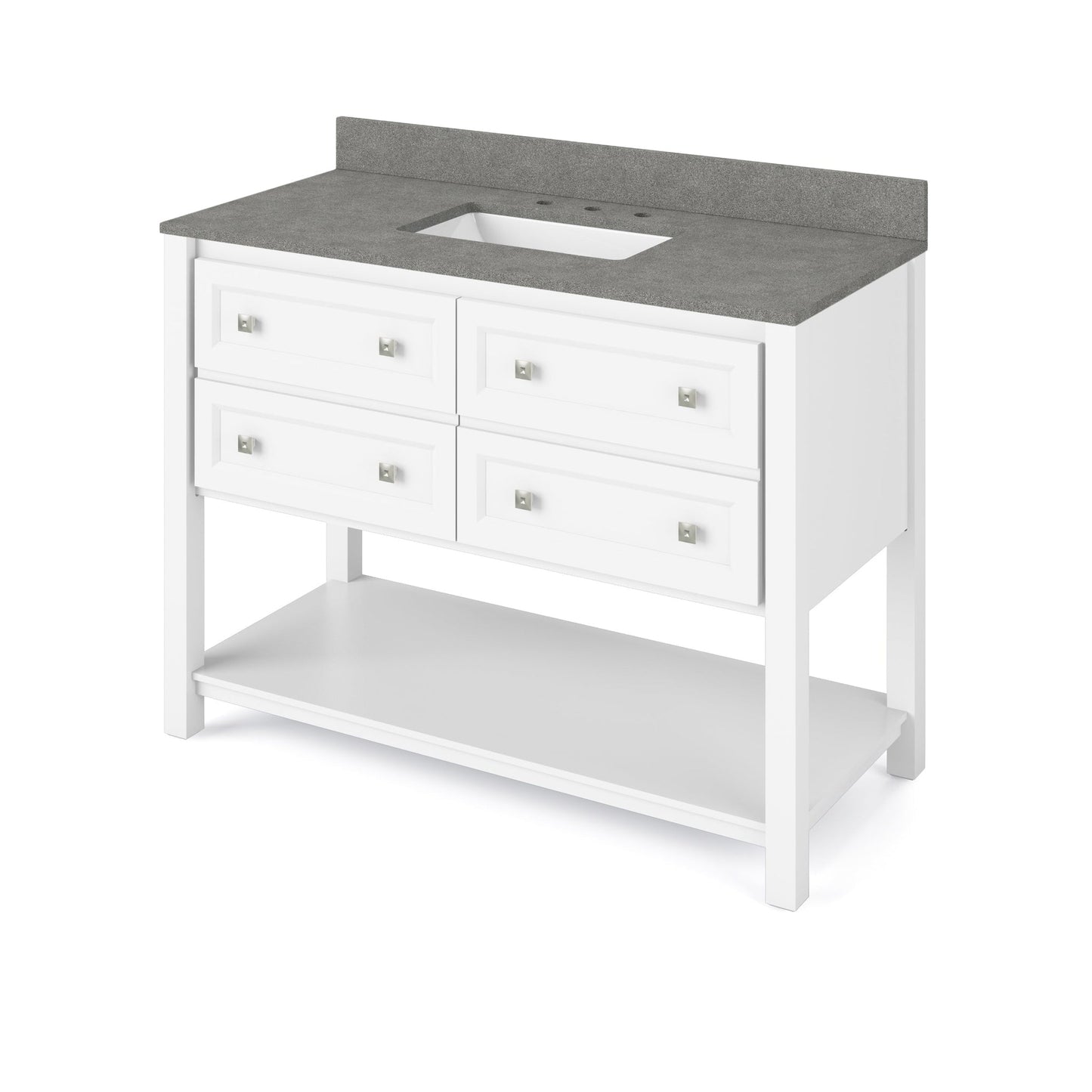 Hardware Resources Jeffrey Alexander Silver Label Adler 48" White Freestanding Vanity With Steel Gray Cultured Marble Vanity Top, Backsplash and Rectangle Undermount Sink