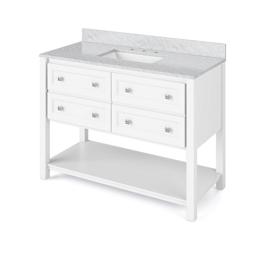 Hardware Resources Jeffrey Alexander Silver Label Adler 48" White Freestanding Vanity With White Carrara Marble Vanity Top, Backsplash and Rectangle Undermount Sink