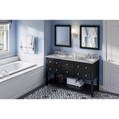 Hardware Resources Jeffrey Alexander Silver Label Adler 60" Black Freestanding Vanity With Double Bowl, White Carrara Marble Vanity Top, Backsplash and Rectangle Undermount Sink