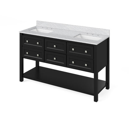 Hardware Resources Jeffrey Alexander Silver Label Adler 60" Black Freestanding Vanity With Double Bowl, White Carrara Marble Vanity Top, Backsplash and Rectangle Undermount Sink