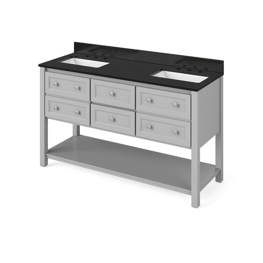 Hardware Resources Jeffrey Alexander Silver Label Adler 60" Gray Freestanding Vanity With Double Bowl, Black Granite Vanity Top, Backsplash and Double Rectangle Undermount Sink