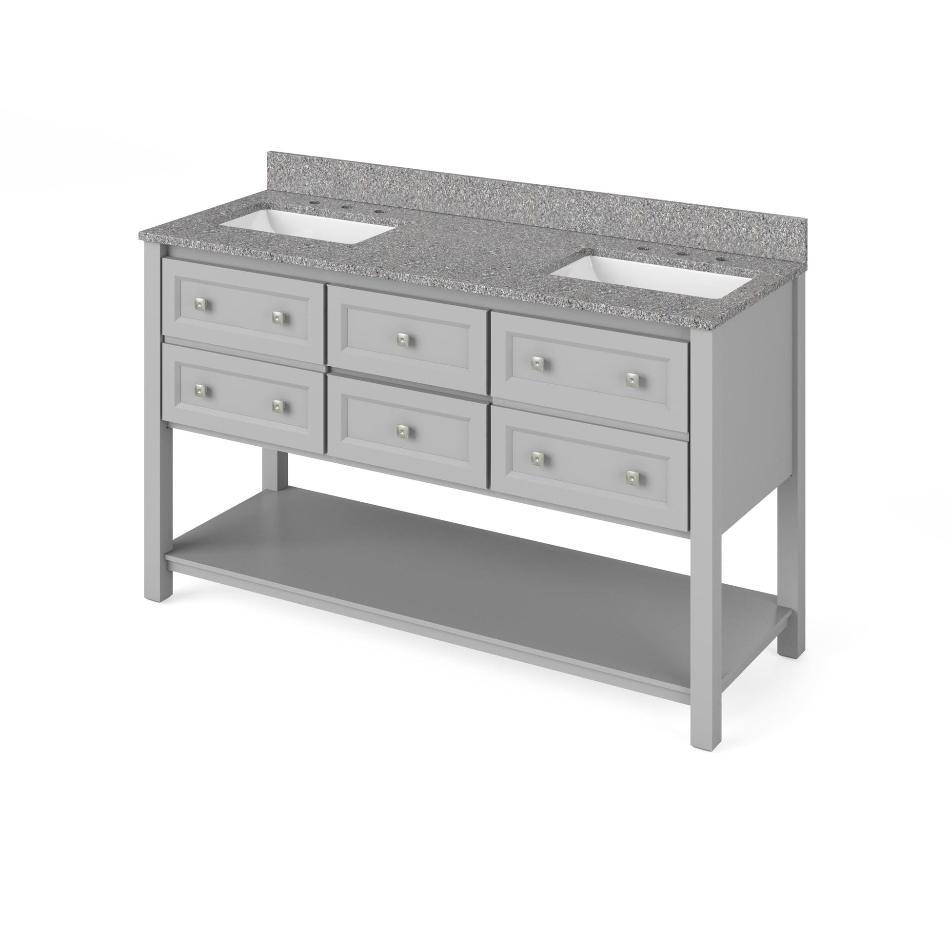 Hardware Resources Jeffrey Alexander Silver Label Adler 60" Gray Freestanding Vanity With Double Bowl, Boulder Cultured Marble Vanity Top, Backsplash and Double Rectangle Undermount Sink