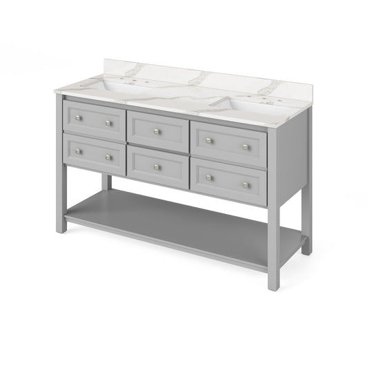 Hardware Resources Jeffrey Alexander Silver Label Adler 60" Gray Freestanding Vanity With Double Bowl, Calacatta Vienna Quartz Vanity Top, Backsplash and Rectangle Undermount Sink