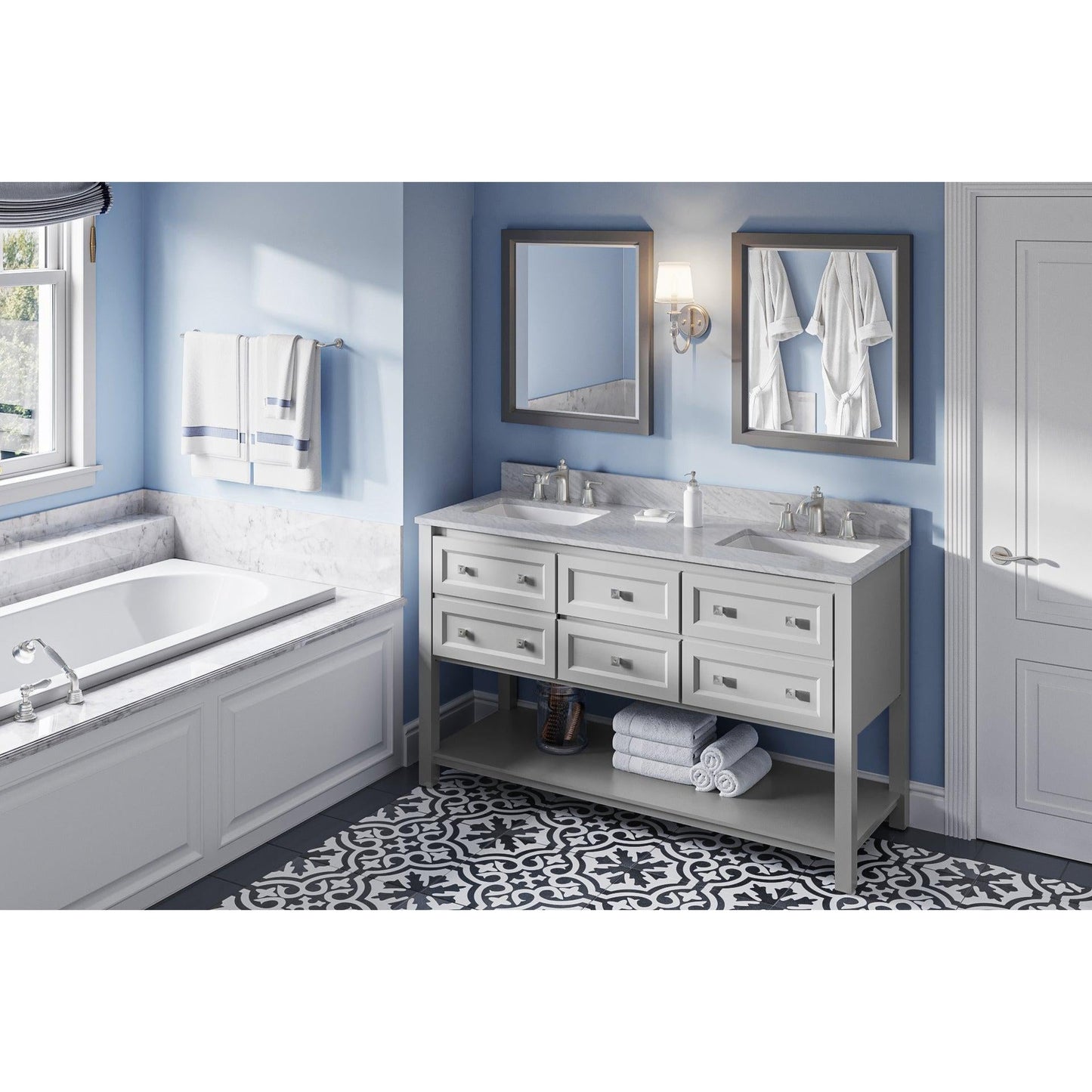 Hardware Resources Jeffrey Alexander Silver Label Adler 60" Gray Freestanding Vanity With Double Bowl, White Carrara Marble Vanity Top, Backsplash and Rectangle Undermount Sink