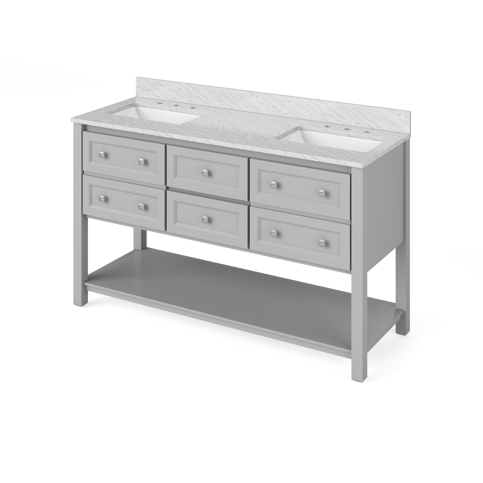 Hardware Resources Jeffrey Alexander Silver Label Adler 60" Gray Freestanding Vanity With Double Bowl, White Carrara Marble Vanity Top, Backsplash and Rectangle Undermount Sink