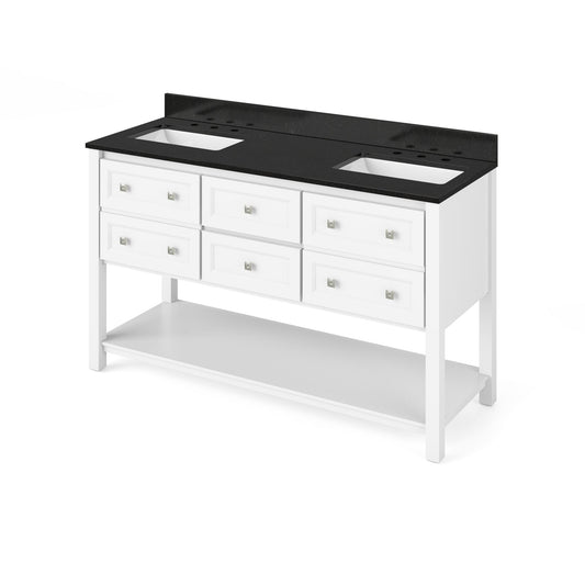 Hardware Resources Jeffrey Alexander Silver Label Adler 60" White Freestanding Vanity With Double Bowl, Black Granite Vanity Top, Backsplash and Double Rectangle Undermount Sink