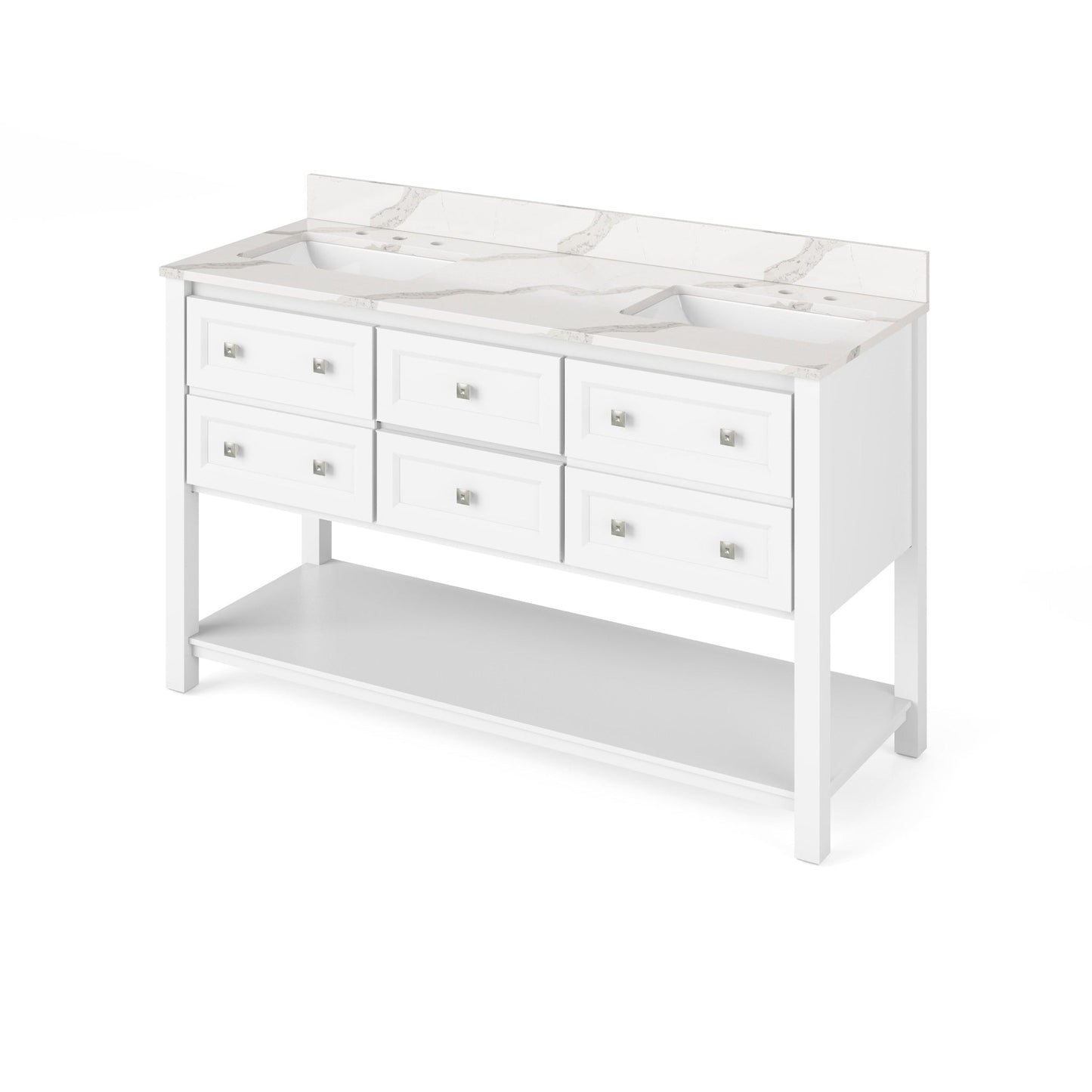 Hardware Resources Jeffrey Alexander Silver Label Adler 60" White Freestanding Vanity With Double Bowl, Calacatta Vienna Quartz Vanity Top, Backsplash and Rectangle Undermount Sink