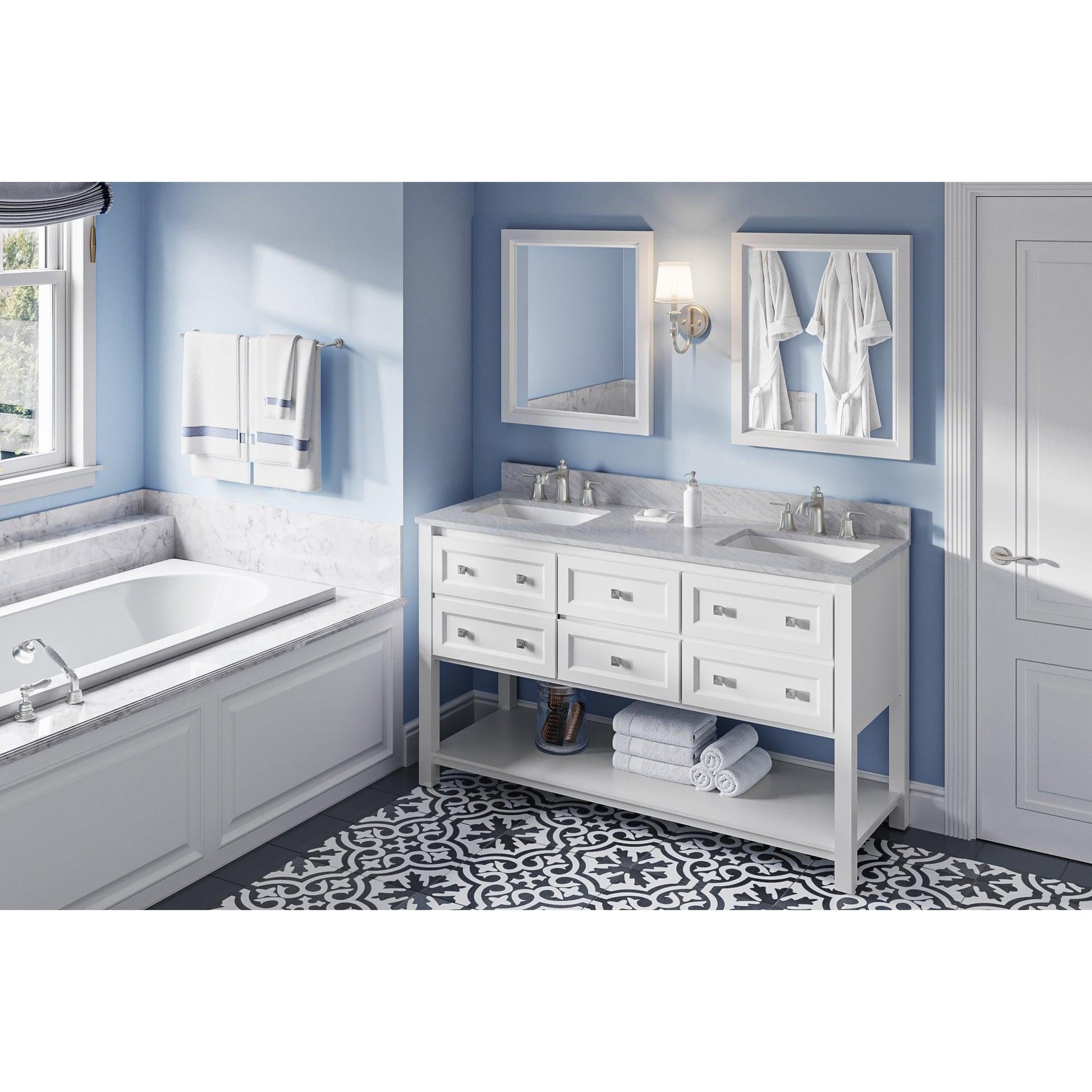 Hardware Resources Jeffrey Alexander Silver Label Adler 60" White Freestanding Vanity With Double Bowl, White Carrara Marble Vanity Top, Backsplash and Rectangle Undermount Sink