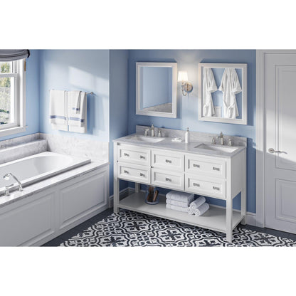 Hardware Resources Jeffrey Alexander Silver Label Adler 60" White Freestanding Vanity With Double Bowl, White Carrara Marble Vanity Top, Backsplash and Rectangle Undermount Sink