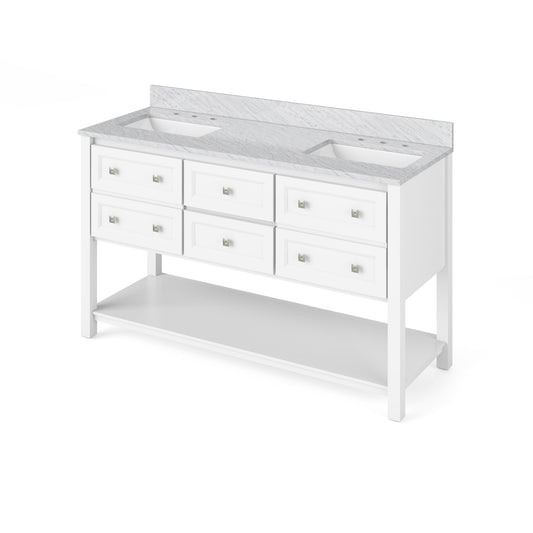 Hardware Resources Jeffrey Alexander Silver Label Adler 60" White Freestanding Vanity With Double Bowl, White Carrara Marble Vanity Top, Backsplash and Rectangle Undermount Sink