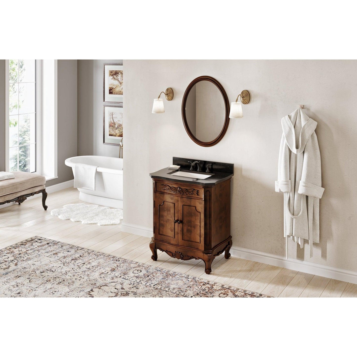 Hardware Resources Jeffrey Alexander Silver Label Clairemont 30" Nutmeg Freestanding Vanity With Clairemont-Only Black Granite Vanity Top, Backsplash and Rectangle Undermount Sink