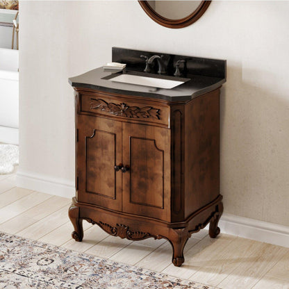 Hardware Resources Jeffrey Alexander Silver Label Clairemont 30" Nutmeg Freestanding Vanity With Clairemont-Only Black Granite Vanity Top, Backsplash and Rectangle Undermount Sink