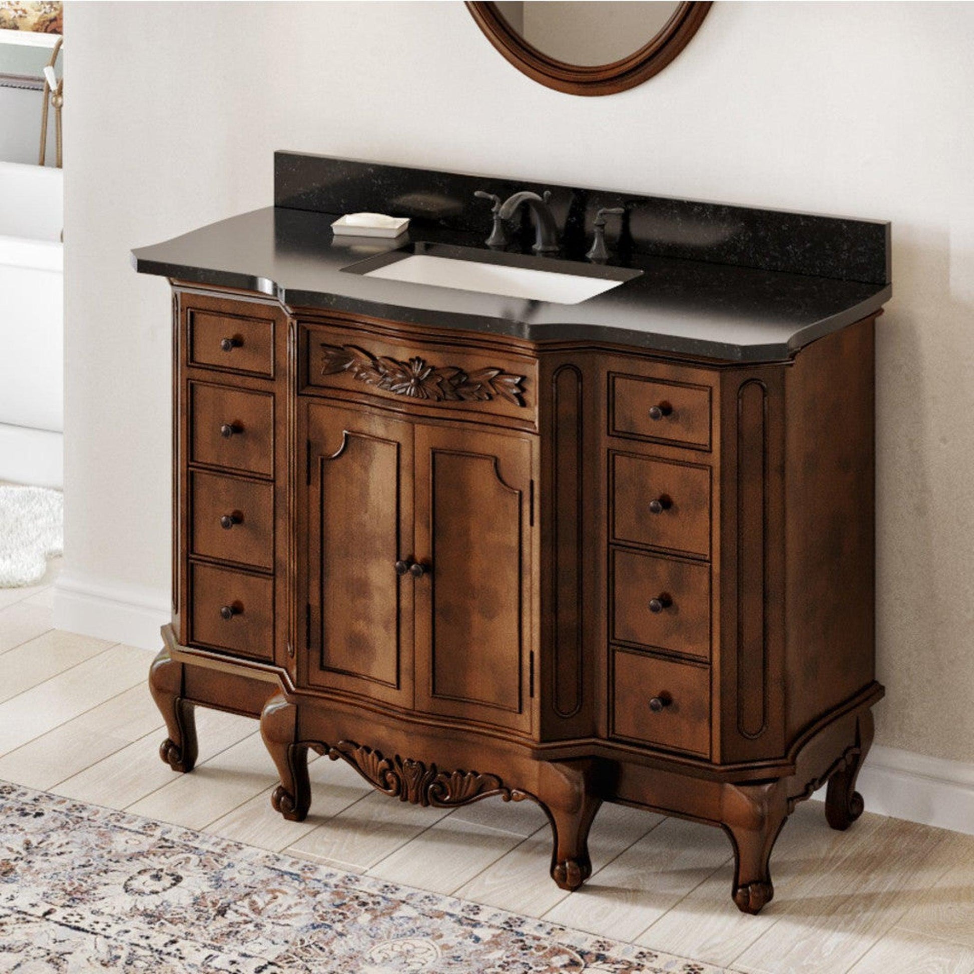 Hardware Resources Jeffrey Alexander Silver Label Clairemont 48" Nutmeg Freestanding Vanity With Clairemont-Only Black Granite Vanity Top, Backsplash and Rectangle Undermount Sink