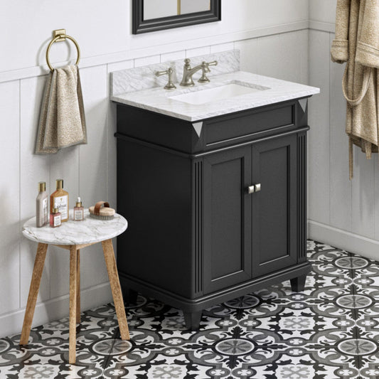 Hardware Resources Jeffrey Alexander Silver Label Douglas 30" Black Freestanding Vanity With White Carrara Marble Vanity Top, Backsplash and Rectangle Undermount Sink