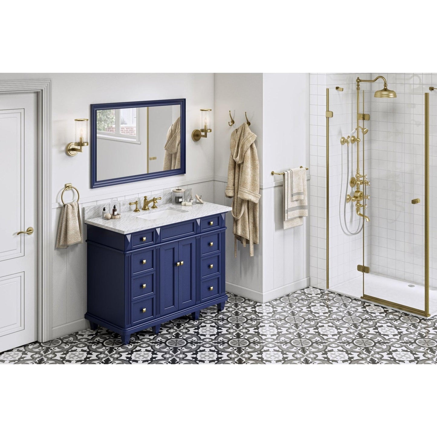 Hardware Resources Jeffrey Alexander Silver Label Douglas 48" Hale Blue Freestanding Vanity With White Carrara Marble Vanity Top, Backsplash and Rectangle Undermount Sink