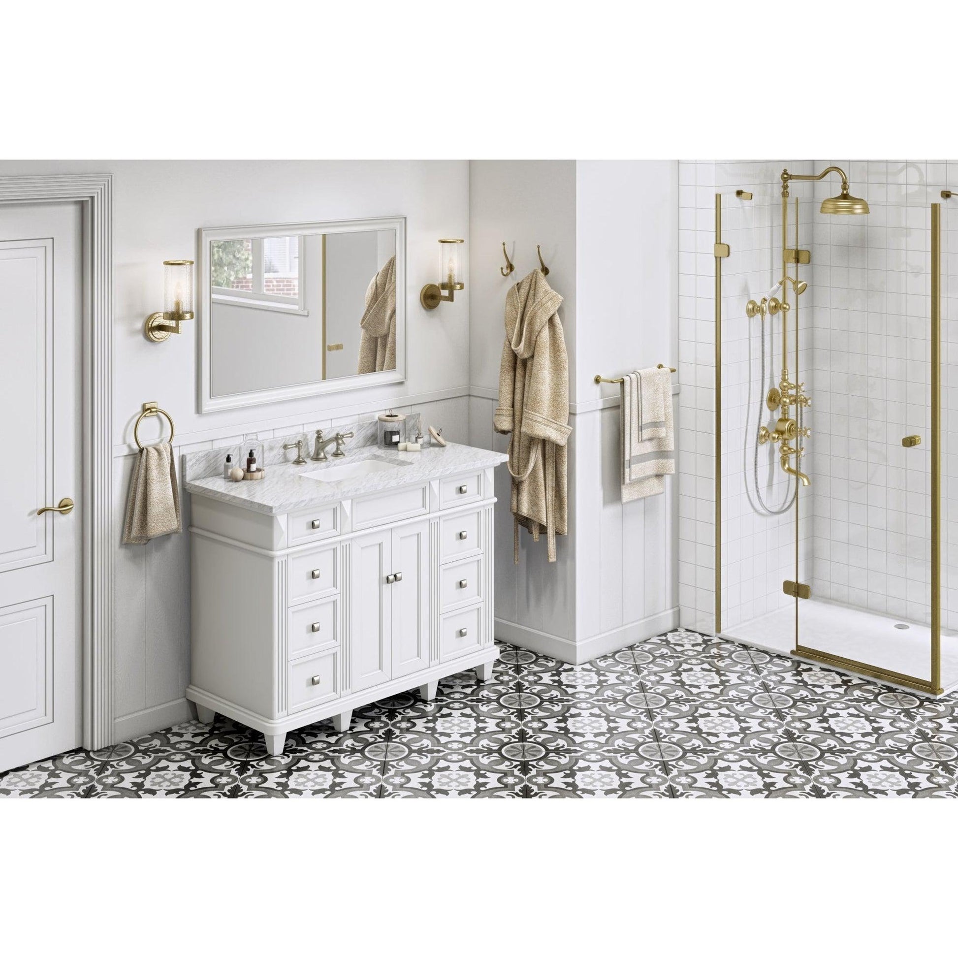 Hardware Resources Jeffrey Alexander Silver Label Douglas 48" White Freestanding Vanity With White Carrara Marble Vanity Top, Backsplash and Rectangle Undermount Sink