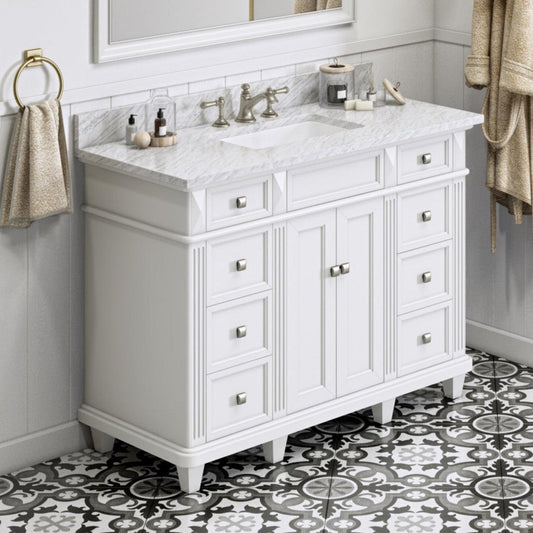 Hardware Resources Jeffrey Alexander Silver Label Douglas 48" White Freestanding Vanity With White Carrara Marble Vanity Top, Backsplash and Rectangle Undermount Sink