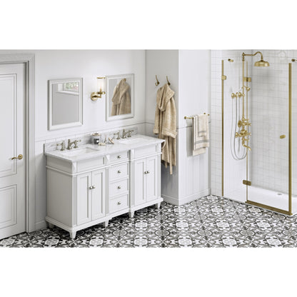 Hardware Resources Jeffrey Alexander Silver Label Douglas 60" White Freestanding Vanity With Double Bowl, White Carrara Marble Vanity Top, Backsplash and Rectangle Undermount Sink