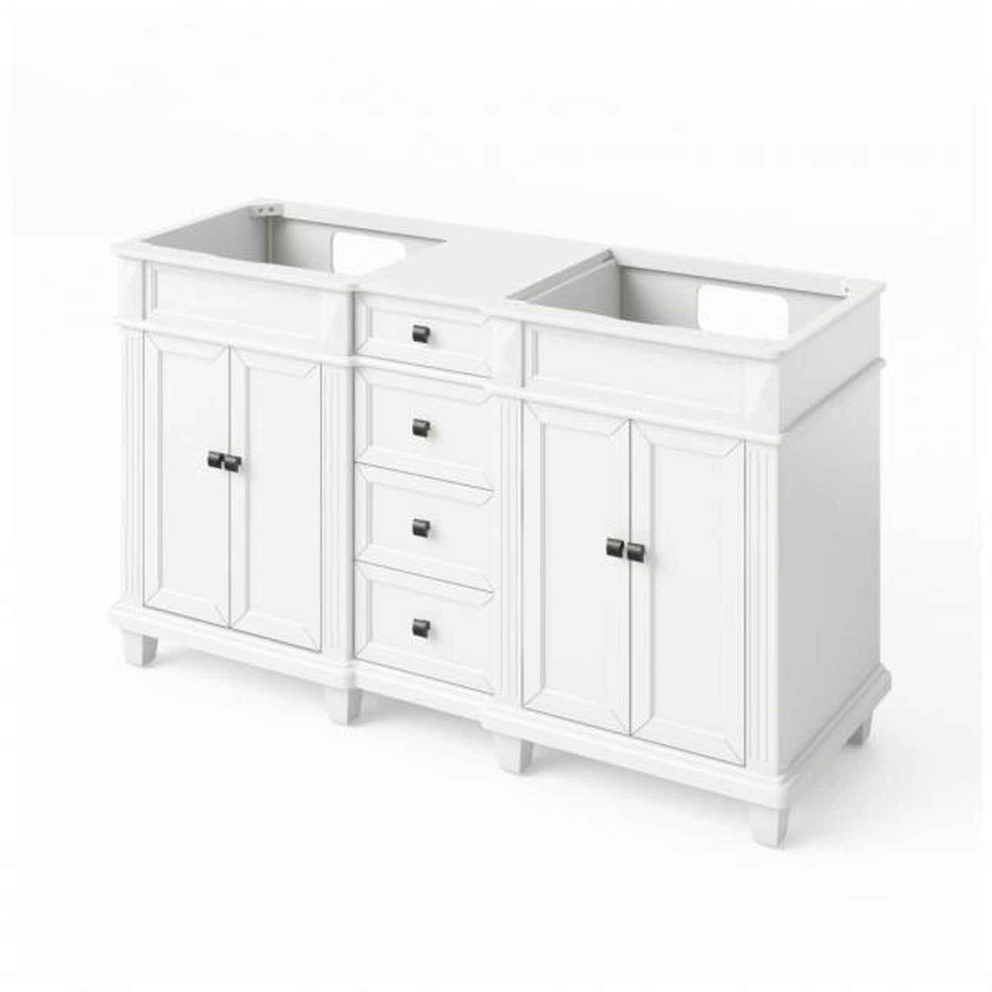 Hardware Resources Jeffrey Alexander Silver Label Douglas 60" White Freestanding Vanity With Double Bowl, White Carrara Marble Vanity Top, Backsplash and Rectangle Undermount Sink