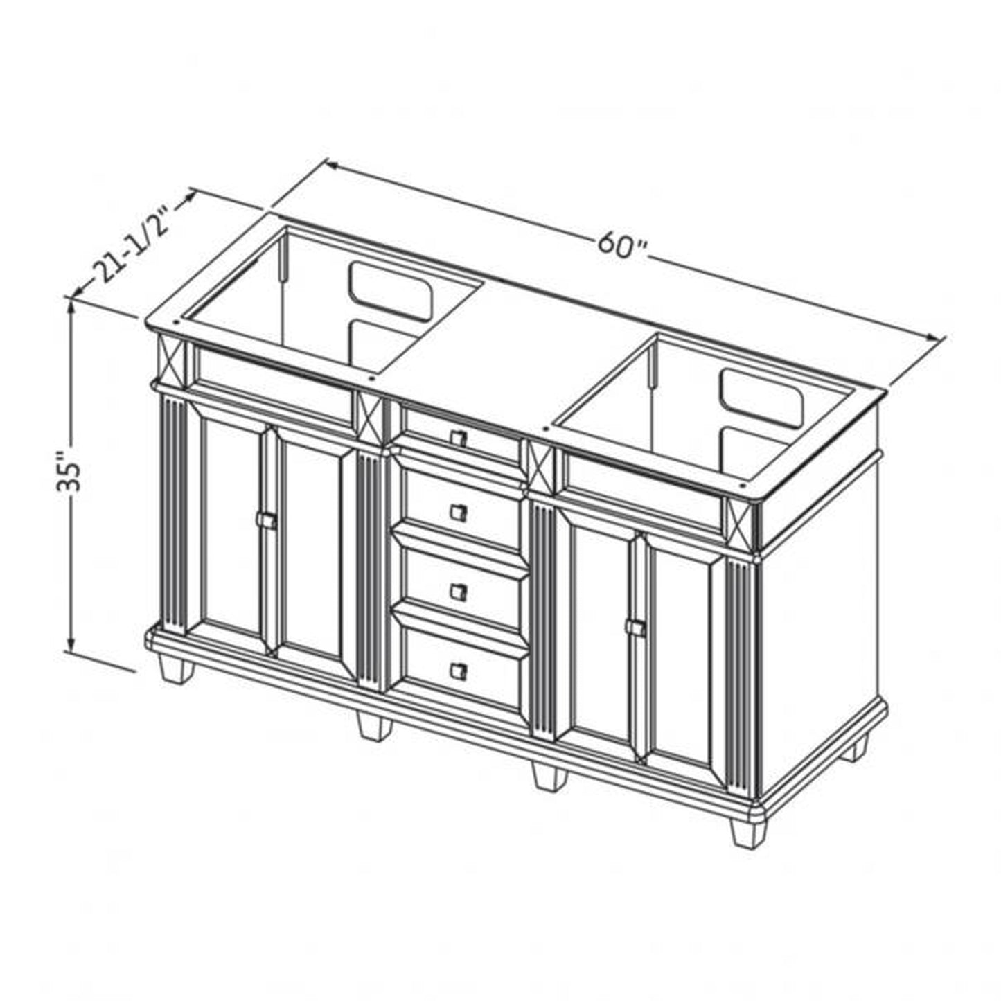 Hardware Resources Jeffrey Alexander Silver Label Douglas 60" White Freestanding Vanity With Double Bowl, White Carrara Marble Vanity Top, Backsplash and Rectangle Undermount Sink