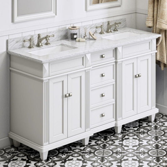 Hardware Resources Jeffrey Alexander Silver Label Douglas 60" White Freestanding Vanity With Double Bowl, White Carrara Marble Vanity Top, Backsplash and Rectangle Undermount Sink