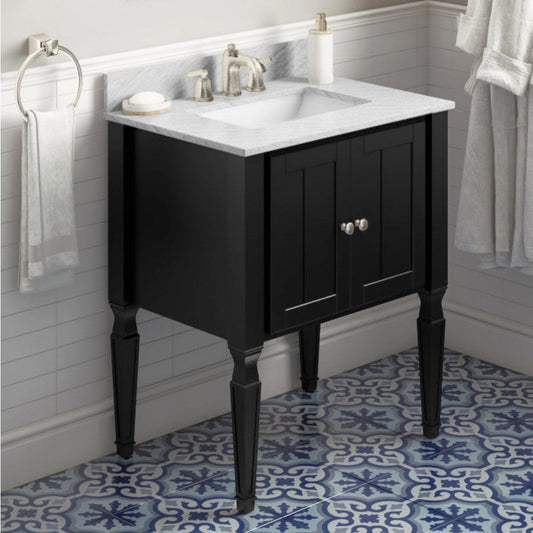 Hardware Resources Jeffrey Alexander Silver Label Jensen 30" Black Freestanding Vanity With White Carrara Marble Vanity Top, Backsplash and Rectangle Undermount Sink