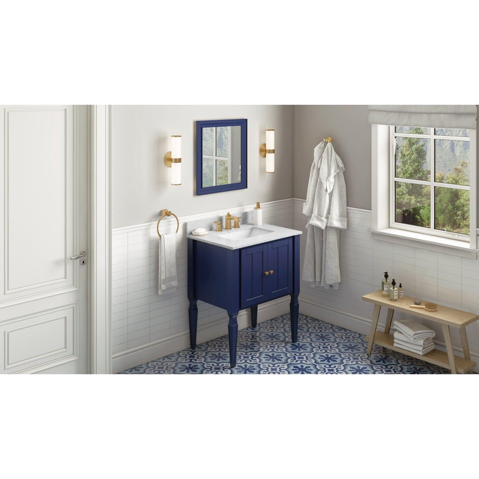 Hardware Resources Jeffrey Alexander Silver Label Jensen 30" Hale Blue Freestanding Vanity With White Carrara Marble Vanity Top, Backsplash and Rectangle Undermount Sink