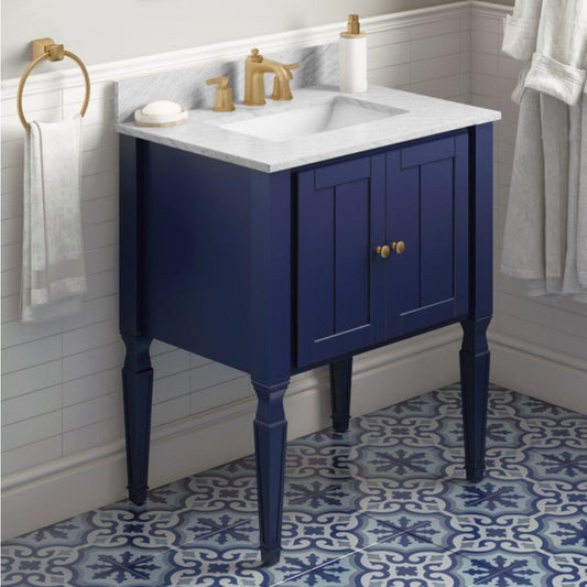 Hardware Resources Jeffrey Alexander Silver Label Jensen 30" Hale Blue Freestanding Vanity With White Carrara Marble Vanity Top, Backsplash and Rectangle Undermount Sink