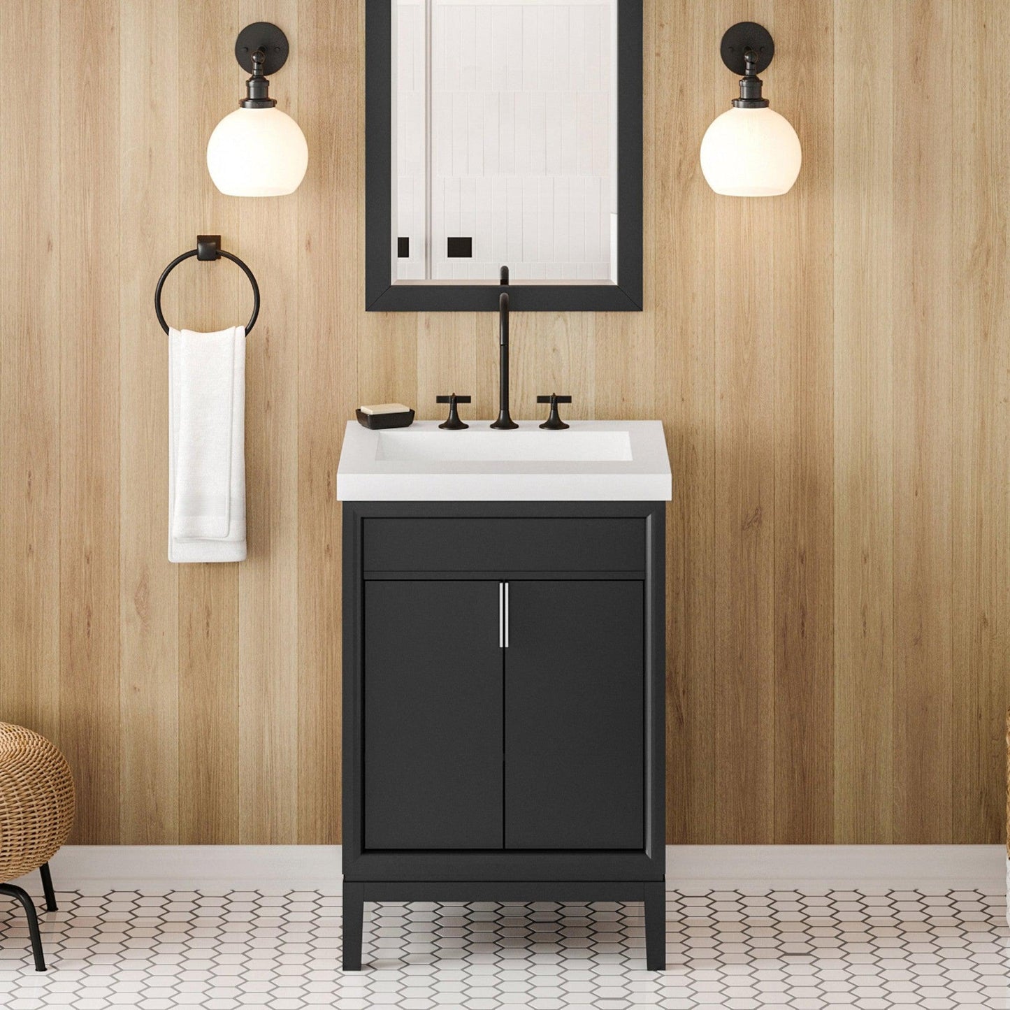 Hardware Resources Jeffrey Alexander Theodora 24" Black Freestanding Vanity With Lavante Cultured Marble Vessel Vanity Top, Backsplash and Rectangle Undermount Sink