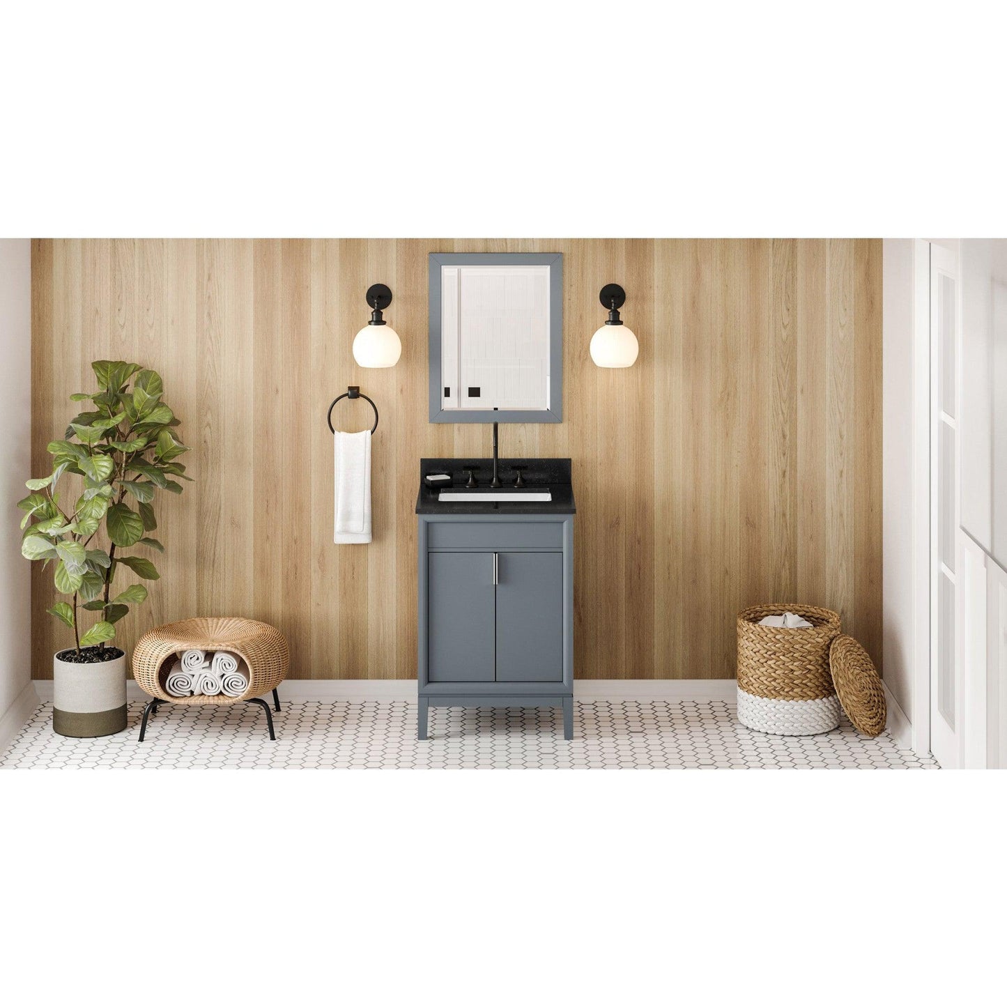 Hardware Resources Jeffrey Alexander Theodora 24" Blue Steel Freestanding Vanity With Black Granite Vanity Top, Backsplash and Rectangle Undermount Sink