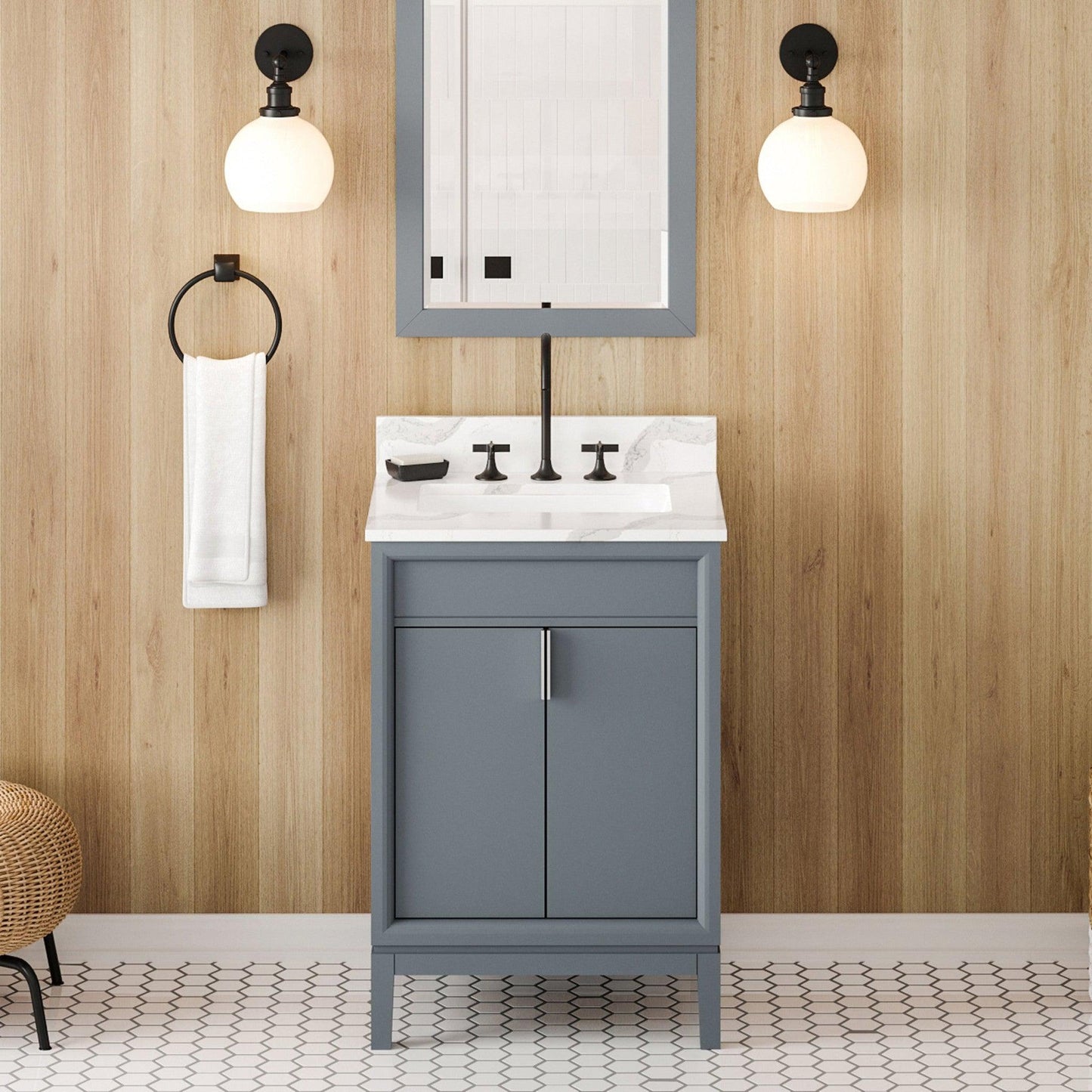 Hardware Resources Jeffrey Alexander Theodora 24" Blue Steel Freestanding Vanity With Calacatta Vienna Quartz Vanity Top, Backsplash and Rectangle Undermount Sink