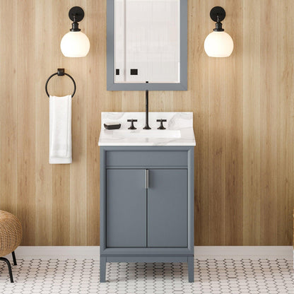 Hardware Resources Jeffrey Alexander Theodora 24" Blue Steel Freestanding Vanity With Calacatta Vienna Quartz Vanity Top, Backsplash and Rectangle Undermount Sink