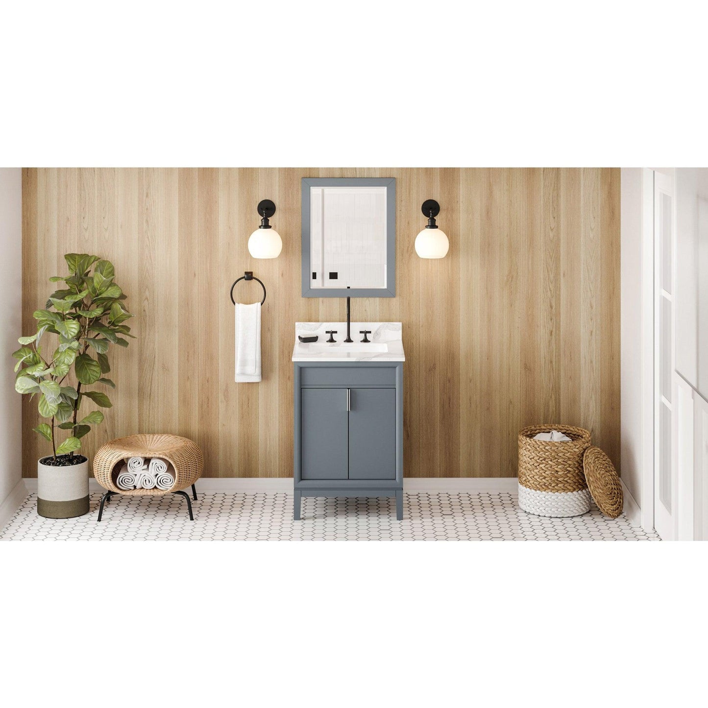 Hardware Resources Jeffrey Alexander Theodora 24" Blue Steel Freestanding Vanity With Calacatta Vienna Quartz Vanity Top, Backsplash and Rectangle Undermount Sink